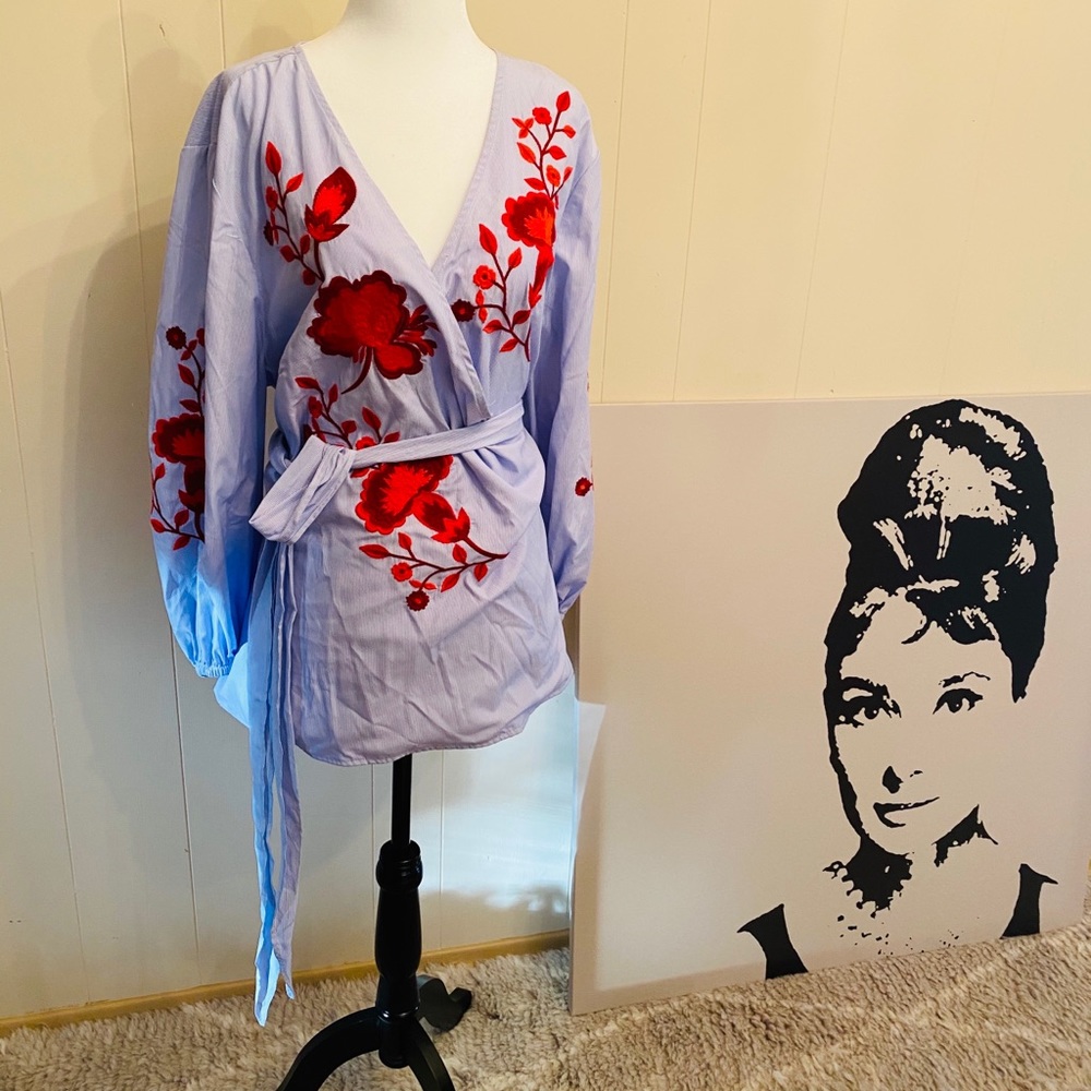 NWOT Embroidered wrap blouse.